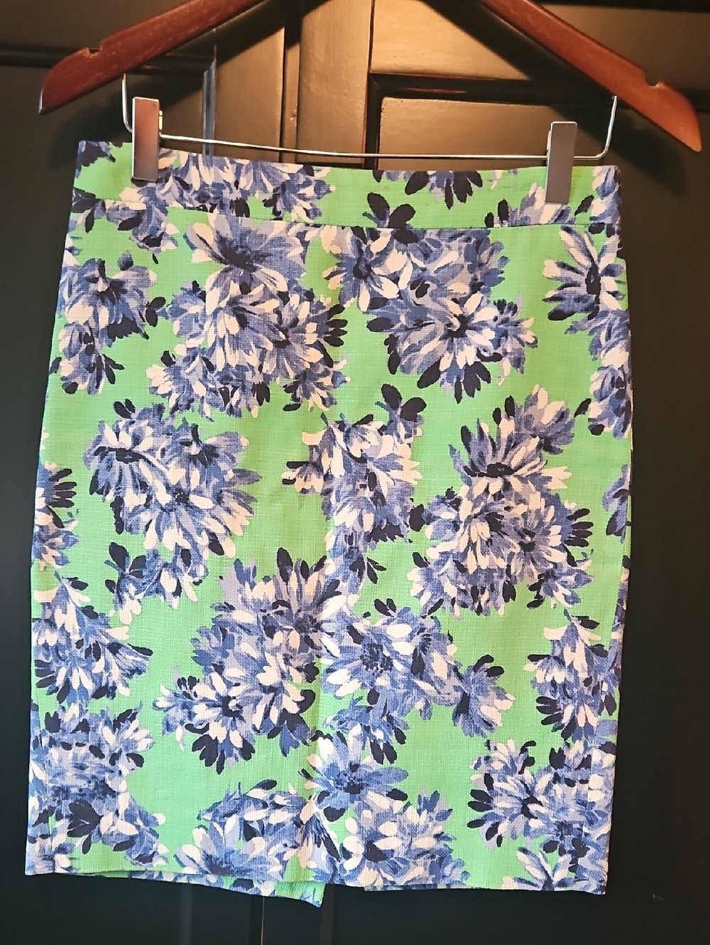 J. Crew Green Pencil Skirt with Blue Floral Print